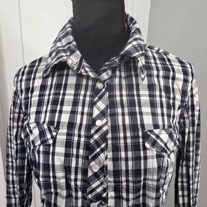 Guess Navy and White Plaid Button-Down Shirt